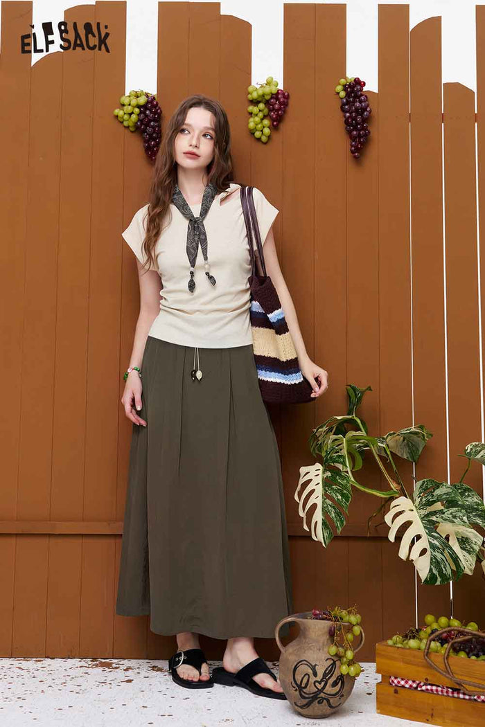 ELFSACK High Waist Belted A-Line Maxi Skirt