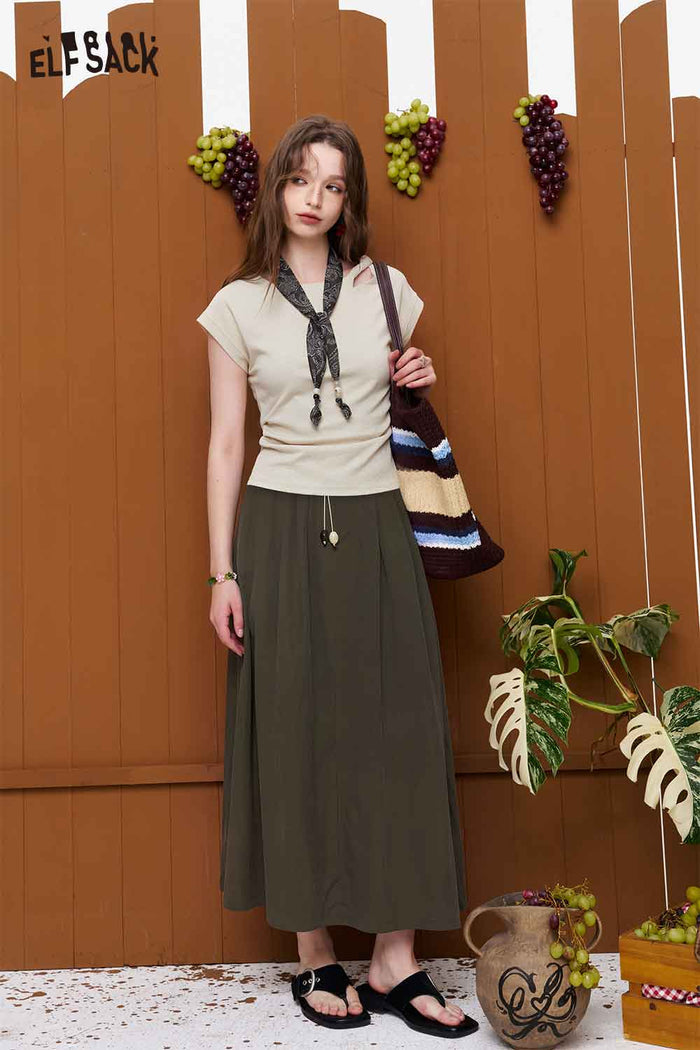 ELFSACK High Waist Belted A-Line Maxi Skirt