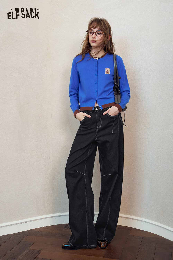 High Waist Contrast Stitch Wide Leg Jeans