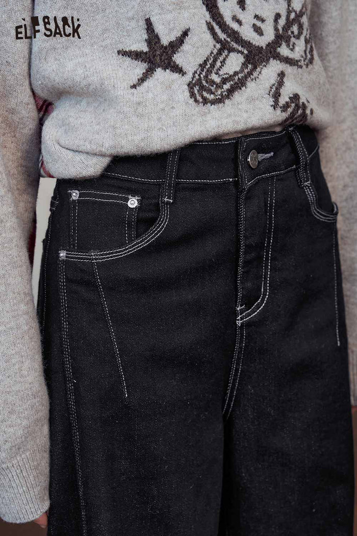 High Waist Contrast Stitch Wide Leg Jeans