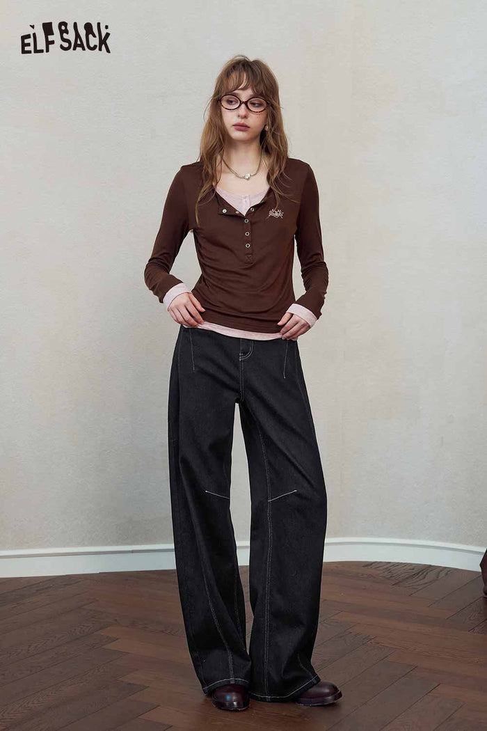 High Waist Contrast Stitch Wide Leg Jeans