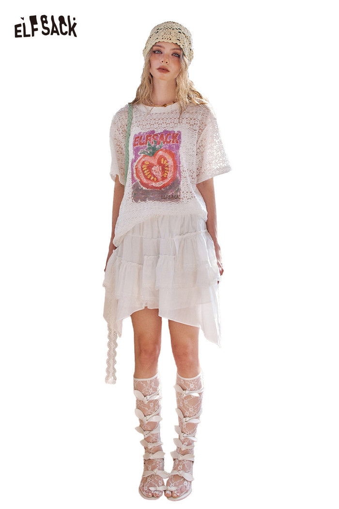 ELFSACK High Waist Lace Trim Boho Style Asymmetric Mini Skirt
