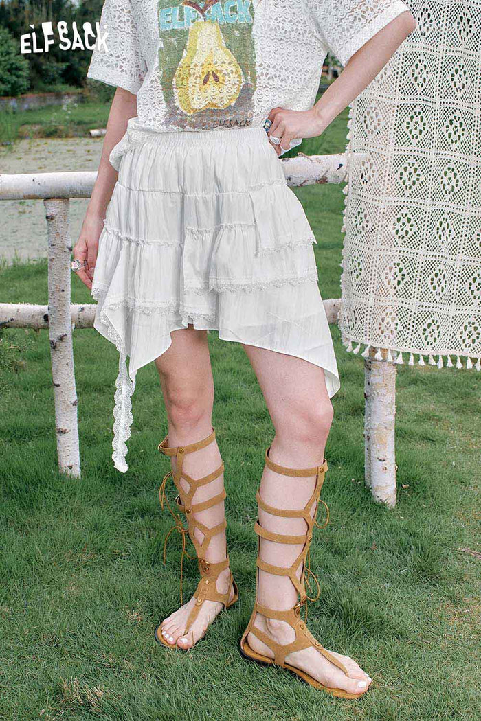 ELFSACK High Waist Lace Trim Boho Style Asymmetric Mini Skirt