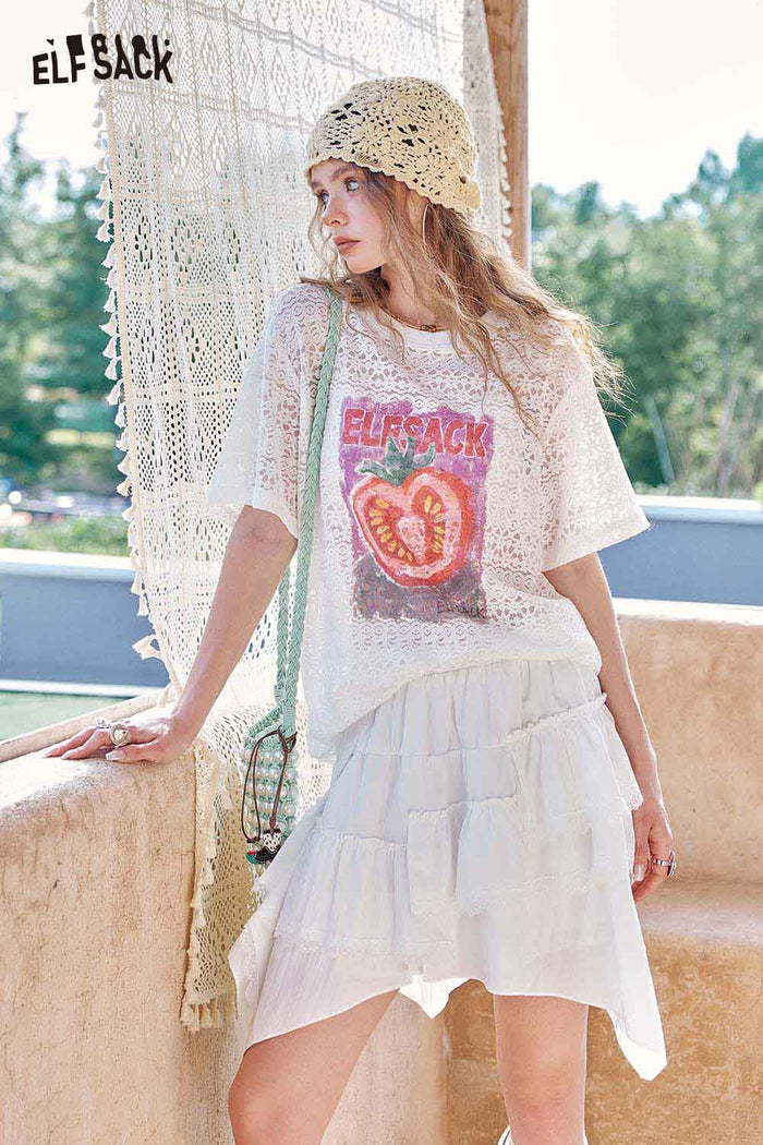 ELFSACK High Waist Lace Trim Boho Style Asymmetric Mini Skirt