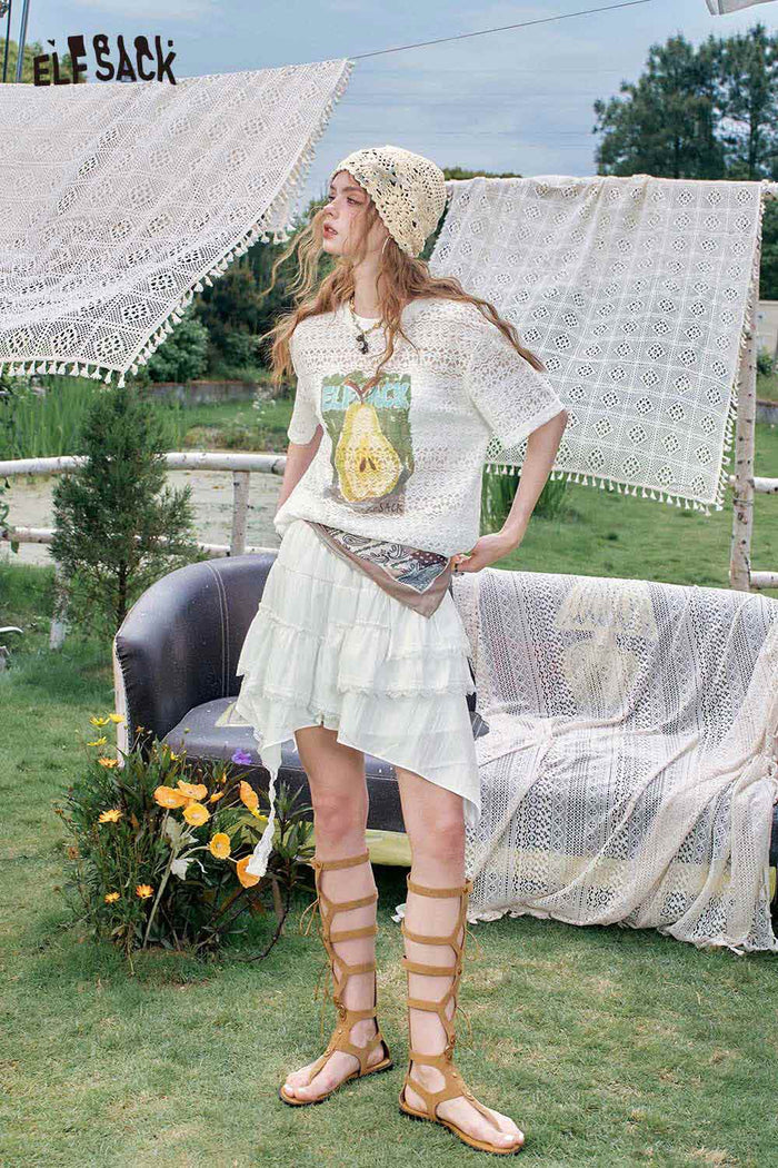 ELFSACK High Waist Lace Trim Boho Style Asymmetric Mini Skirt