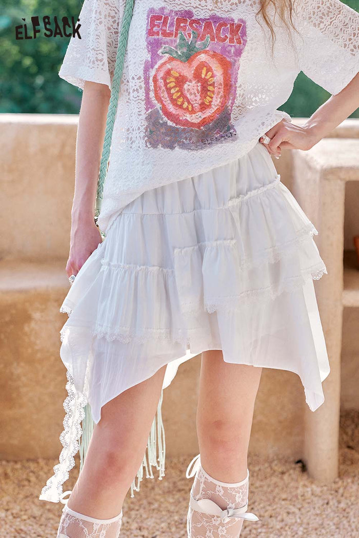 ELFSACK High Waist Lace Trim Boho Style Asymmetric Mini Skirt