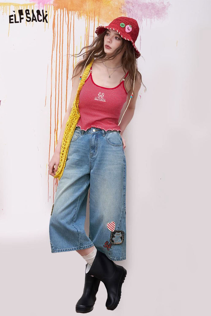ELFSACK High Waist Patchwork Wide Leg Jeans