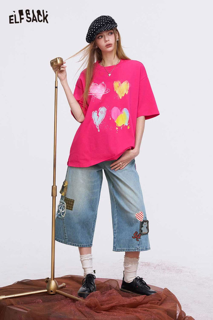 ELFSACK High Waist Patchwork Wide Leg Jeans