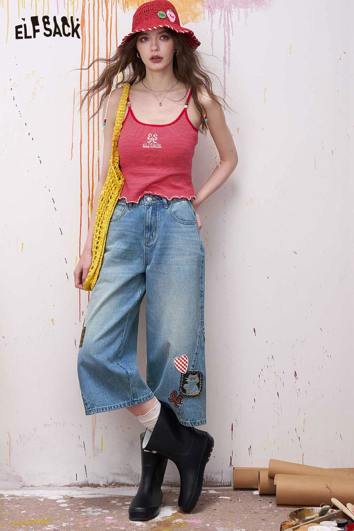 ELFSACK High Waist Patchwork Wide Leg Jeans
