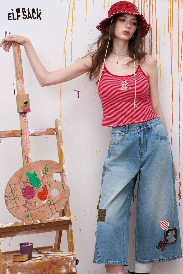ELFSACK High Waist Patchwork Wide Leg Jeans
