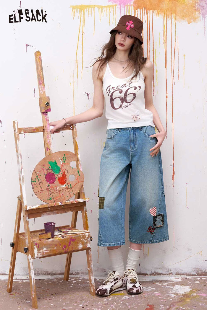 ELFSACK High Waist Patchwork Wide Leg Jeans