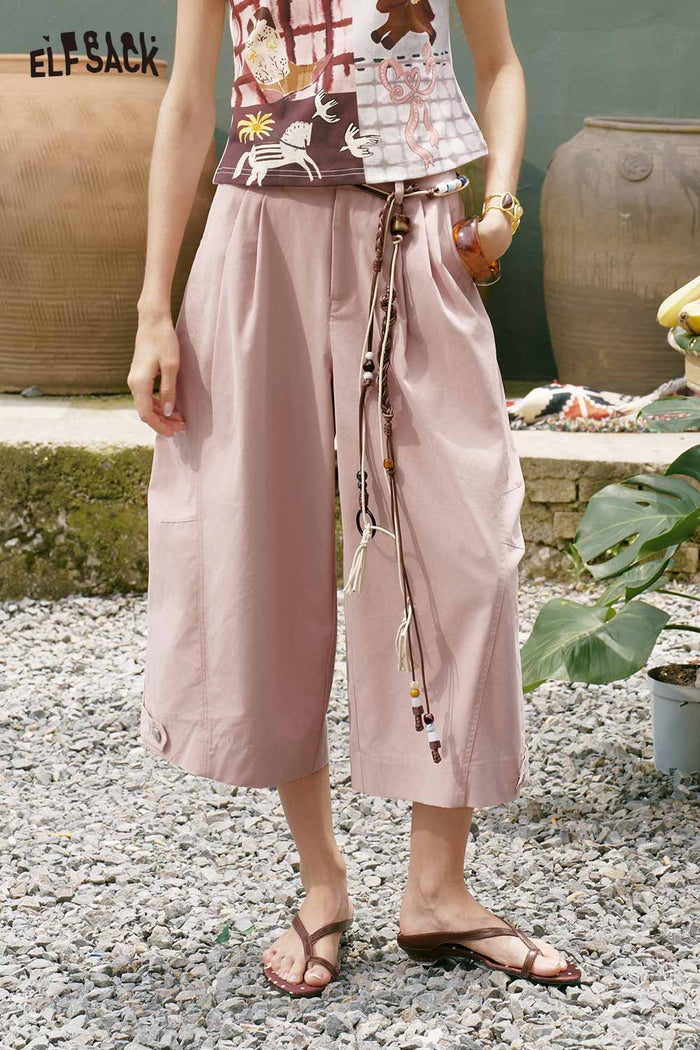 ELFSACK High Waist Pleated Cropped Wide Leg Pants