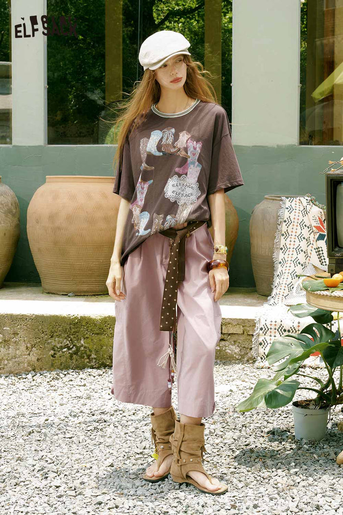 ELFSACK High Waist Pleated Cropped Wide Leg Pants