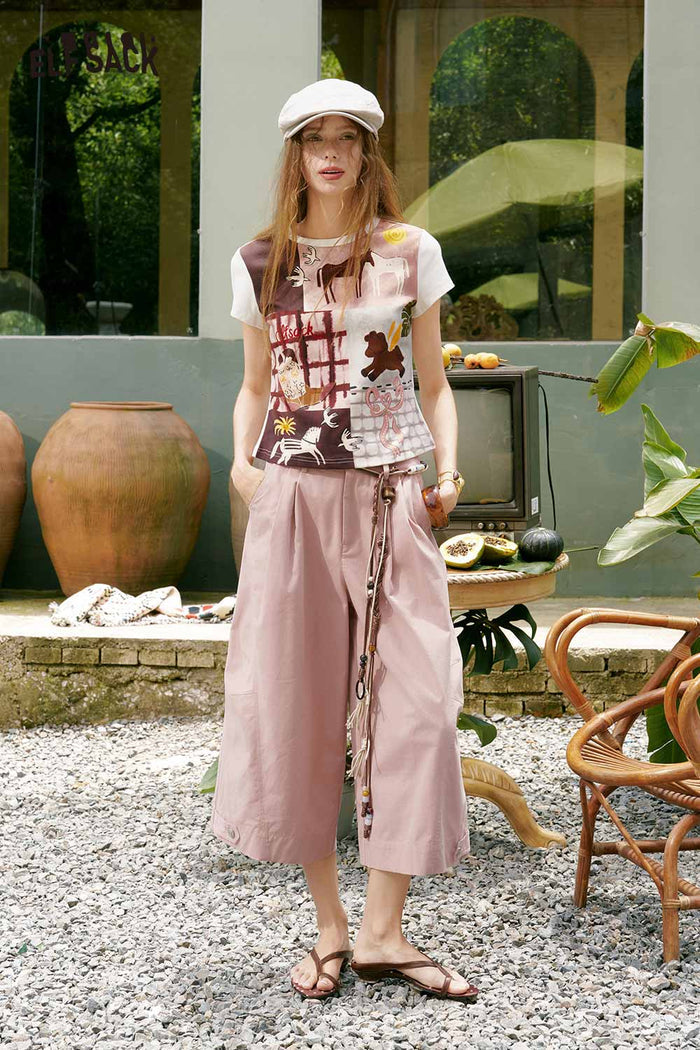 ELFSACK High Waist Pleated Cropped Wide Leg Pants