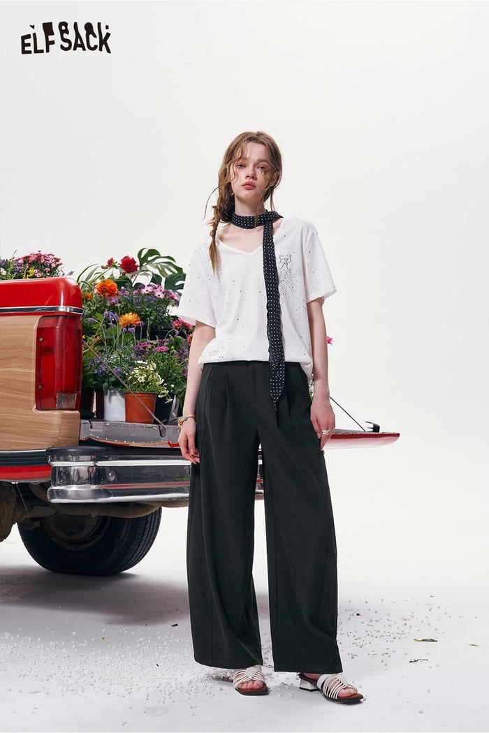 ELFSACK High Waist Pleated Wide Leg Trousers