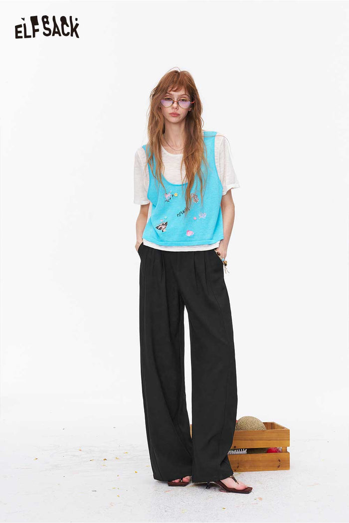 ELFSACK High Waist Pleated Wide Leg Trousers