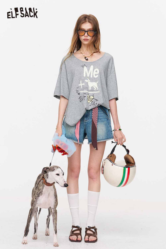 ELFSACK High-Waisted Frayed Denim Shorts