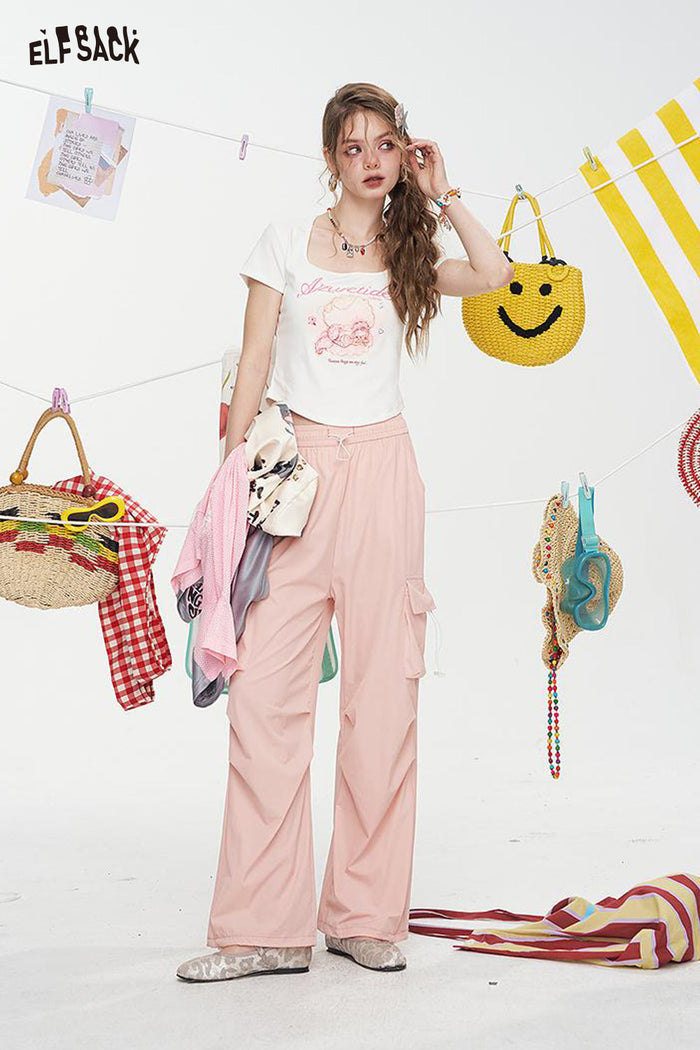 ELFSACK High Waisted Straight Leg Casual Cargo Pants