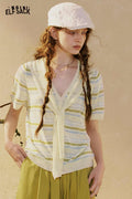ELFSACK Hollow Sailor Tie Striped Knit Top