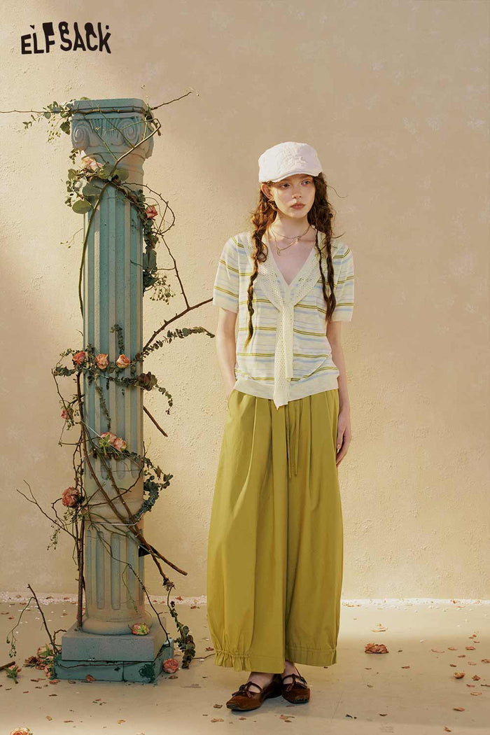 ELFSACK Hollow Sailor Tie Striped Knit Top