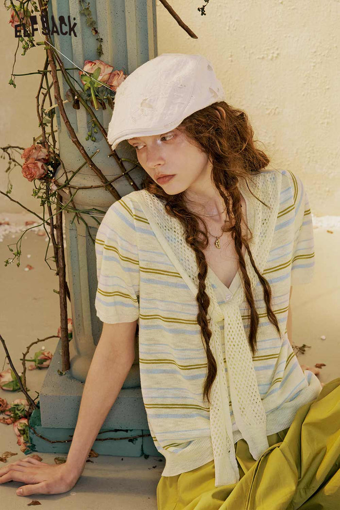 ELFSACK Hollow Sailor Tie Striped Knit Top