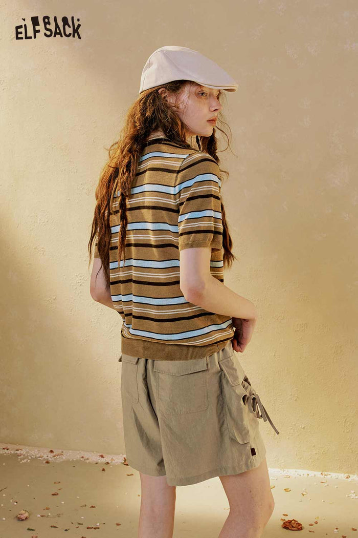 ELFSACK Hollow Sailor Tie Striped Knit Top