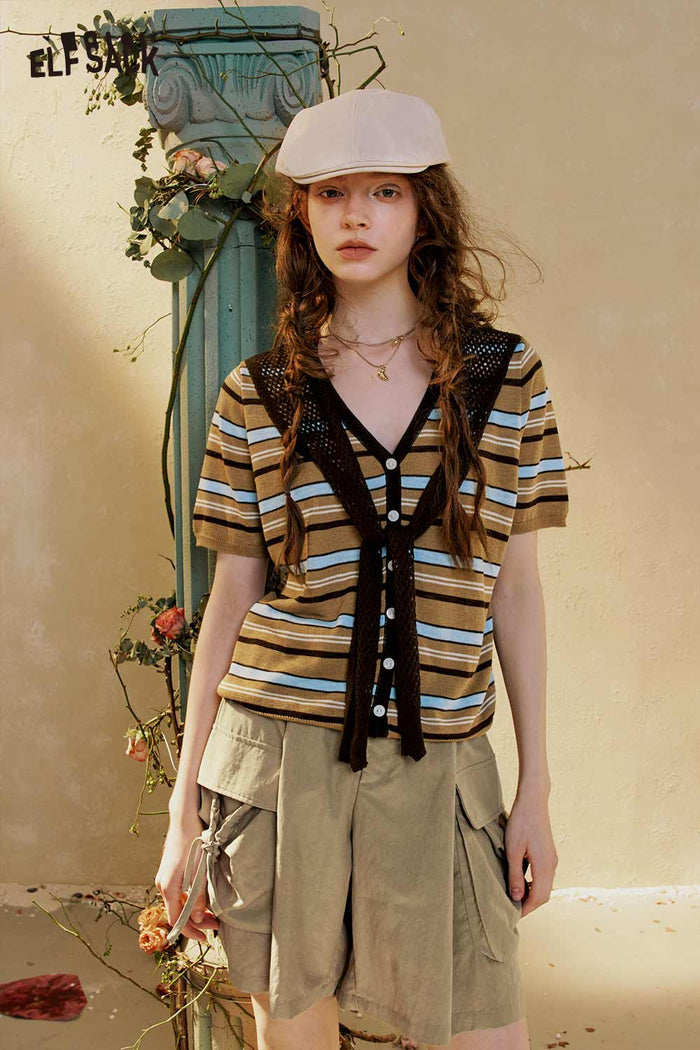 ELFSACK Hollow Sailor Tie Striped Knit Top