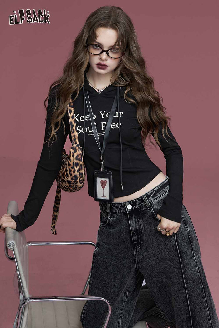 Hooded Letter Print Cropped Tee