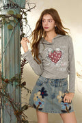 Hooded Long Sleeve Strawberry Heart Print Cropped Tee