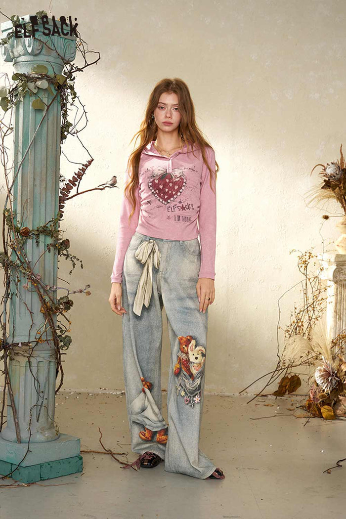 Hooded Long Sleeve Strawberry Heart Print Cropped Tee