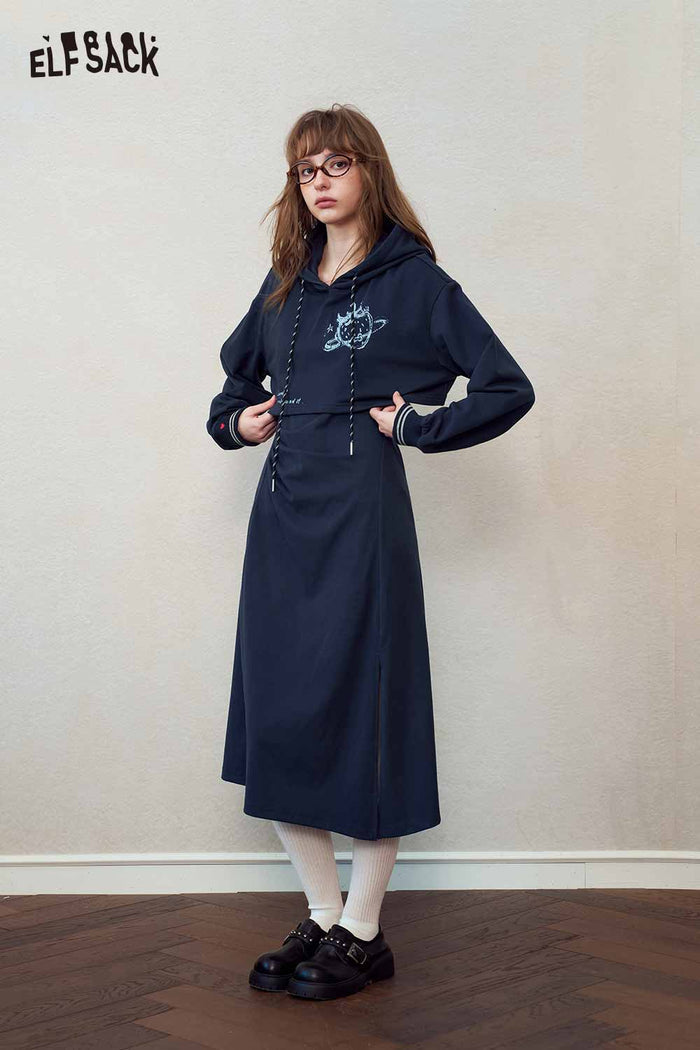 Hooded Midi Dress Planet Print Slit