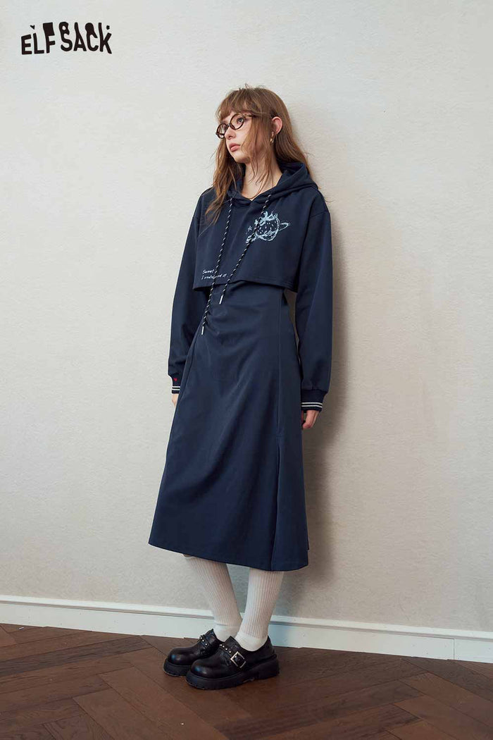 Hooded Midi Dress Planet Print Slit