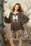 Hooded Mini Dress with Bow Print Tiered Ruffle Hem