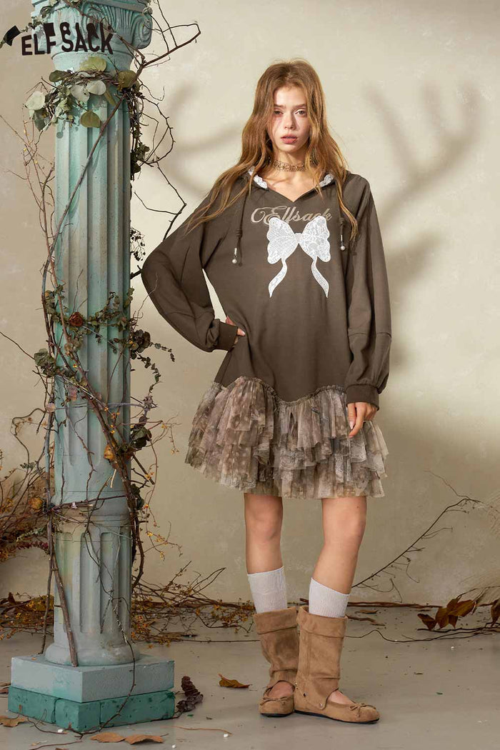 Hooded Mini Dress with Bow Print Tiered Ruffle Hem
