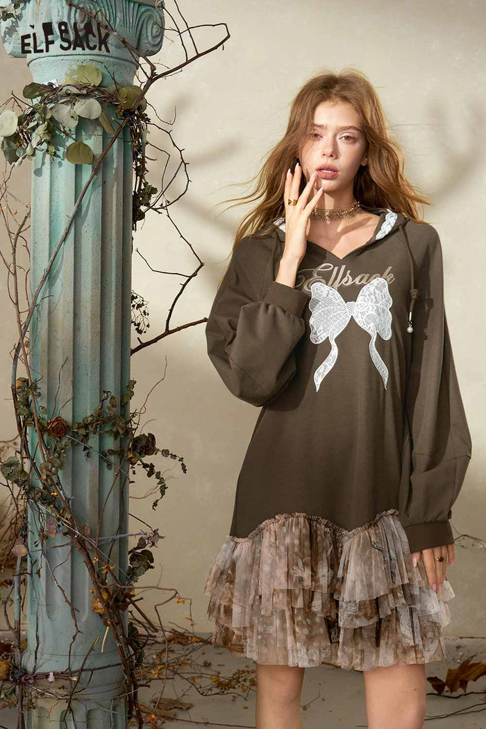 Hooded Mini Dress with Bow Print Tiered Ruffle Hem