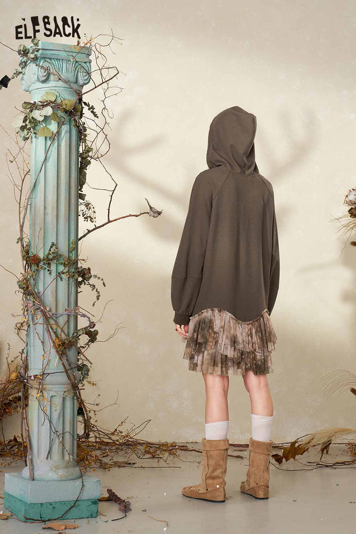 Hooded Mini Dress with Bow Print Tiered Ruffle Hem