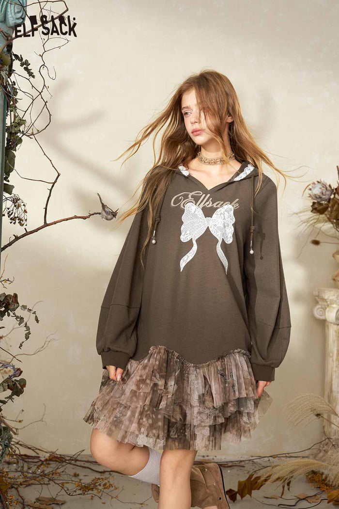 Hooded Mini Dress with Bow Print Tiered Ruffle Hem