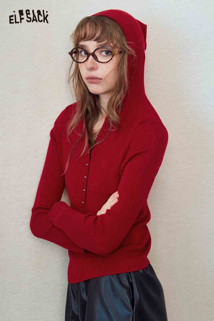 Hooded Pointed Red Knit Sweater