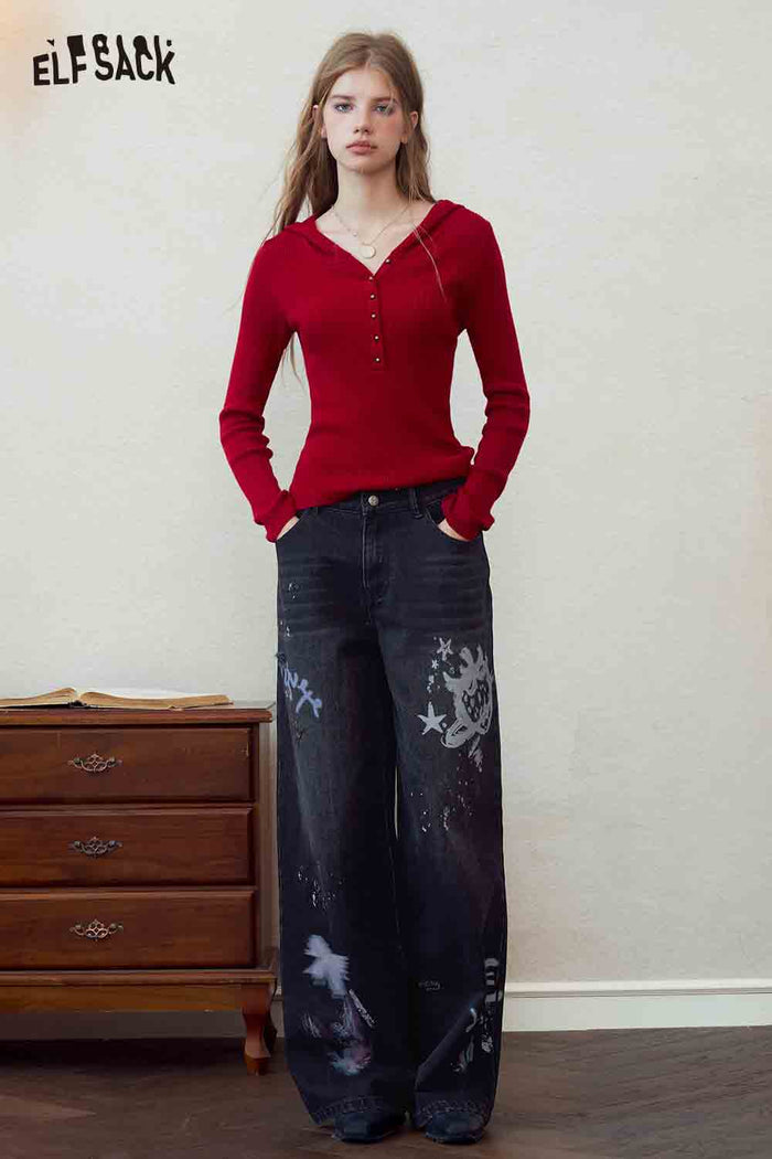 Hooded Pointed Red Knit Sweater