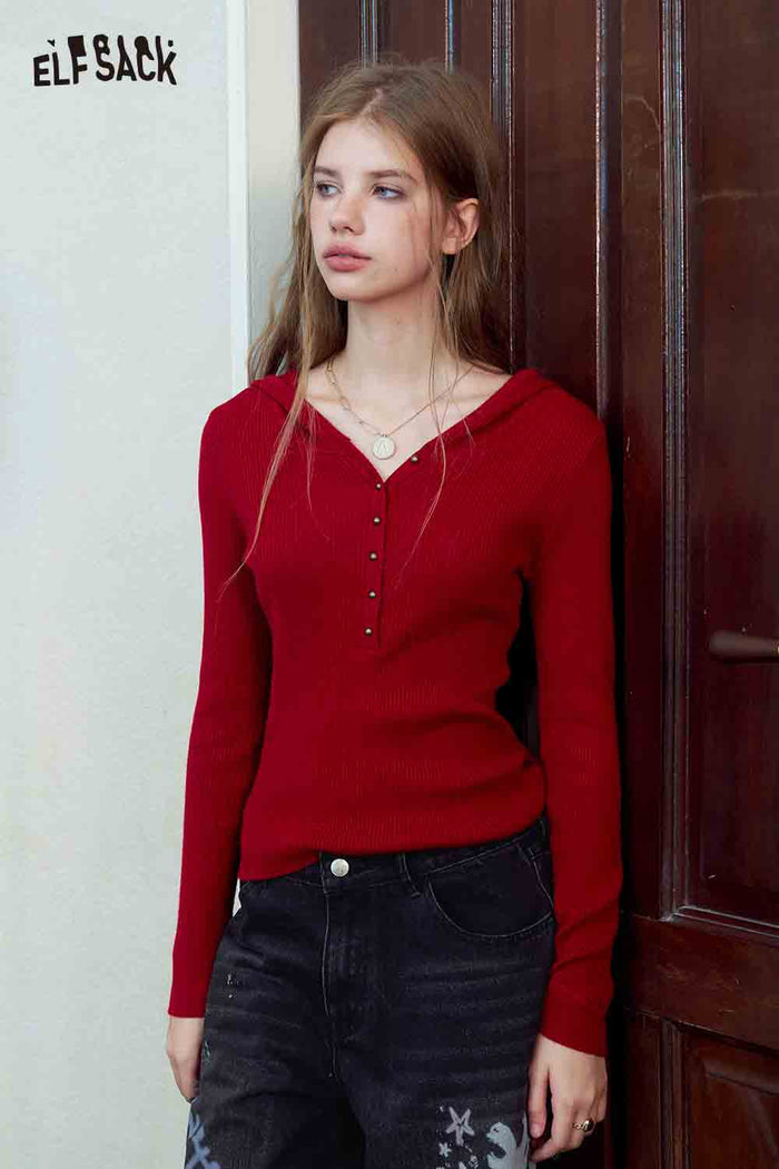 Hooded Pointed Red Knit Sweater