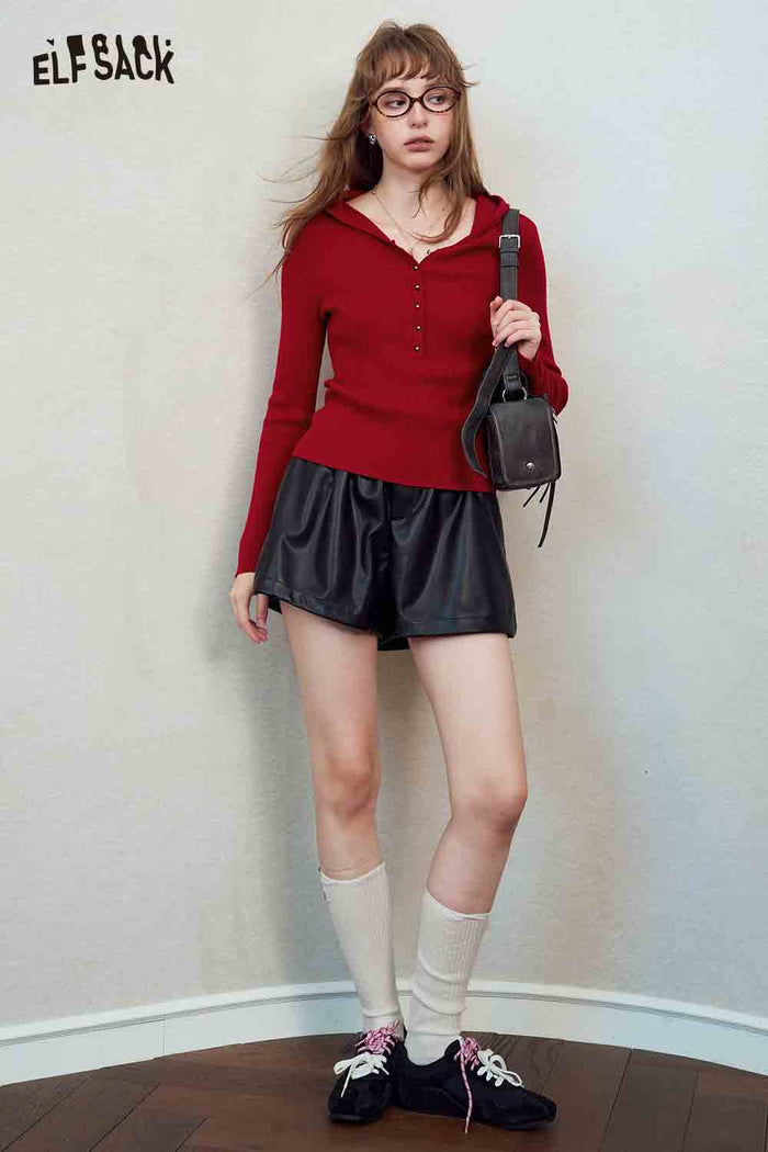 Hooded Pointed Red Knit Sweater