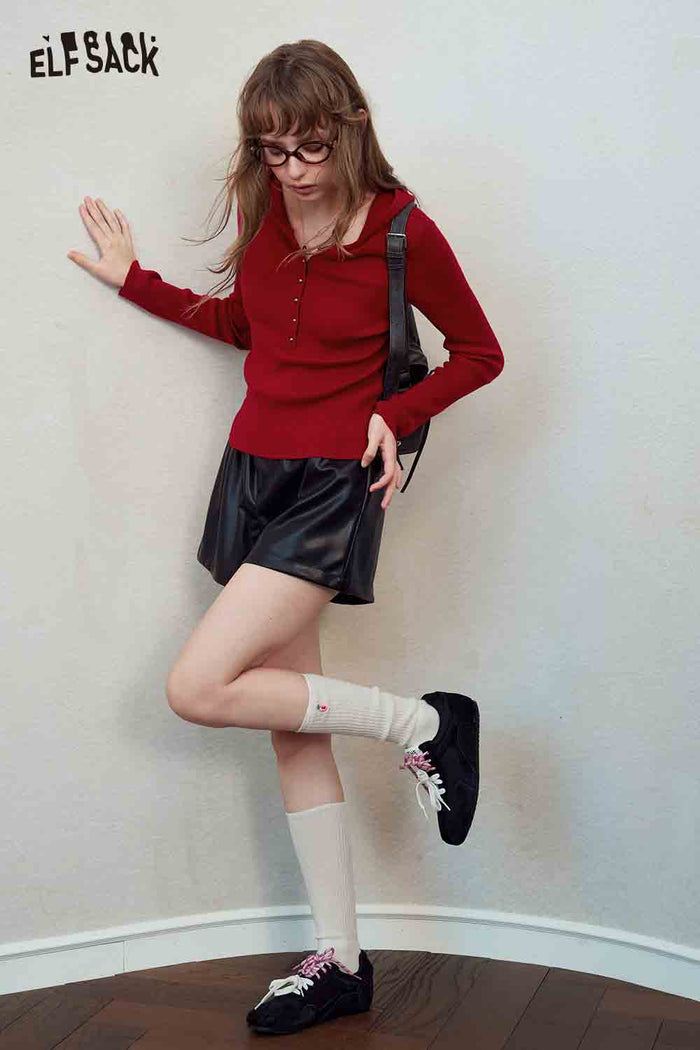 Hooded Pointed Red Knit Sweater
