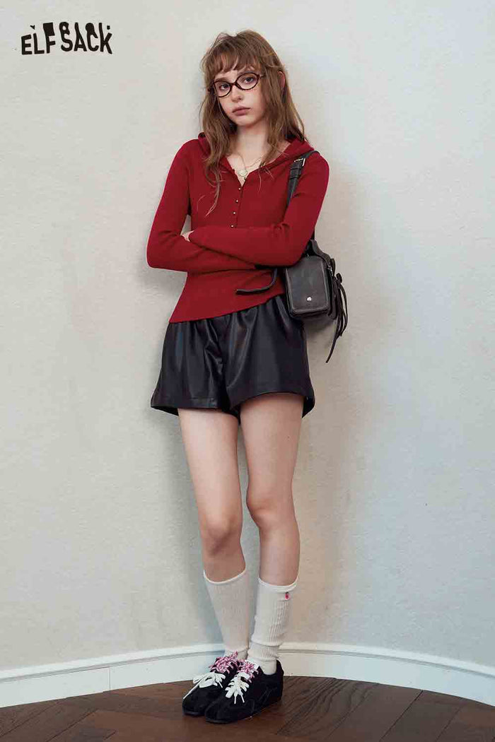 Hooded Pointed Red Knit Sweater