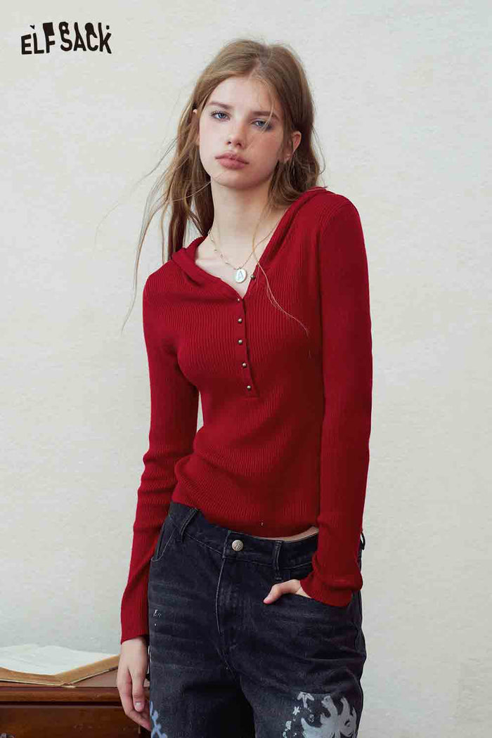Hooded Pointed Red Knit Sweater