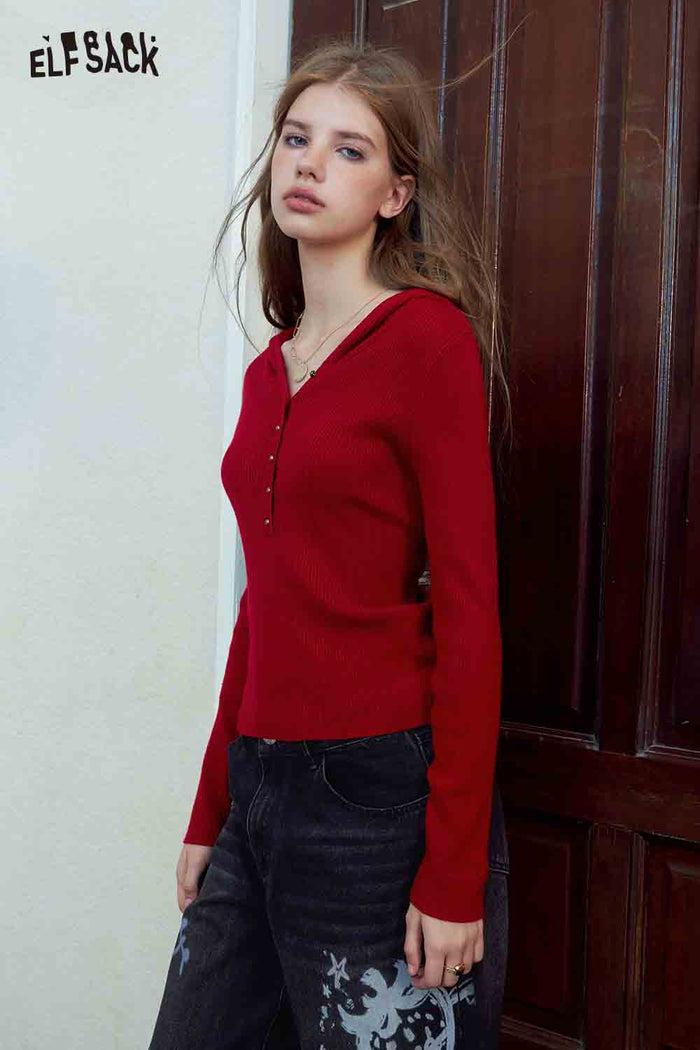 Hooded Pointed Red Knit Sweater