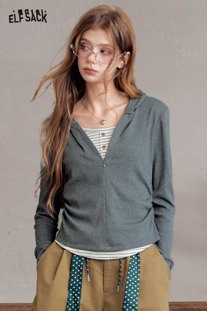 Hooded Striped Fake Two Piece Crop Tee