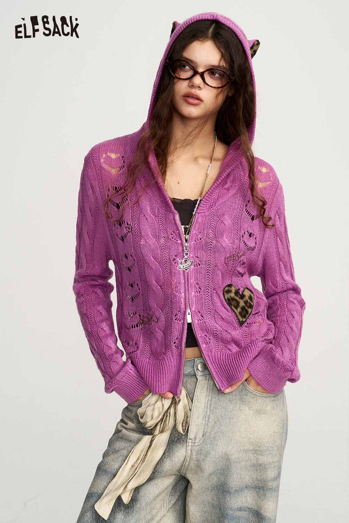 Hooded Zip-Up Heart Print Knit Cardigan