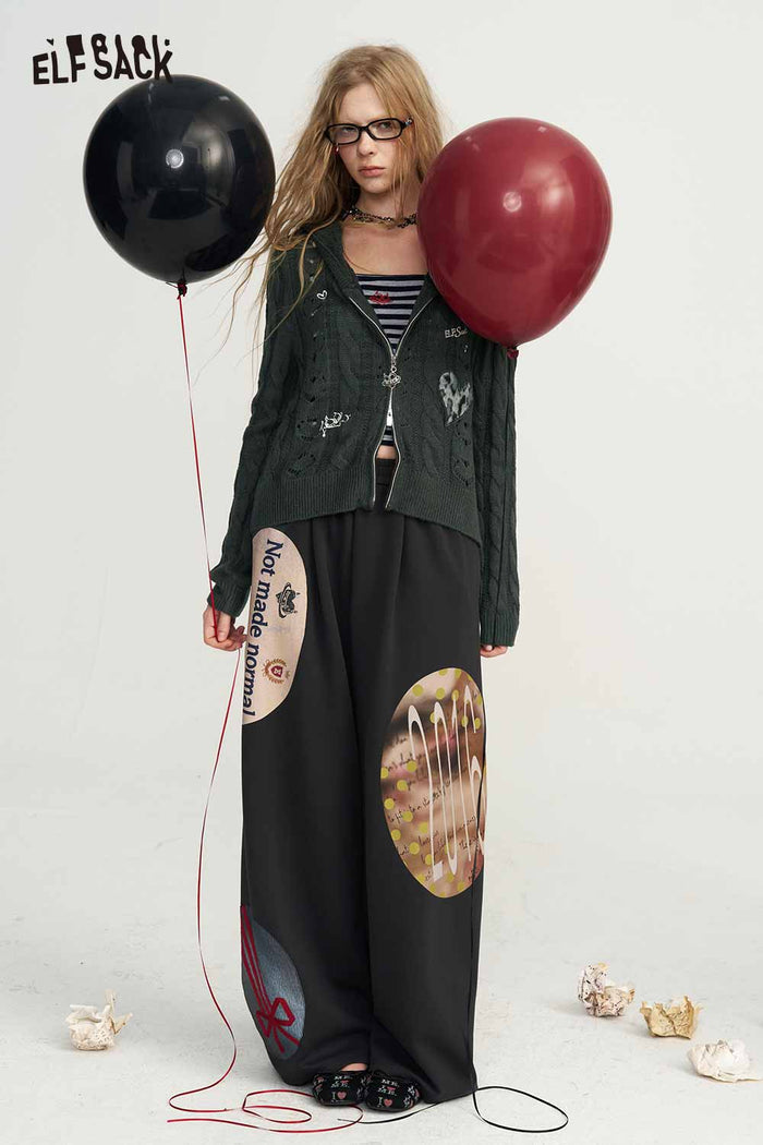 Hooded Zip-Up Heart Print Knit Cardigan