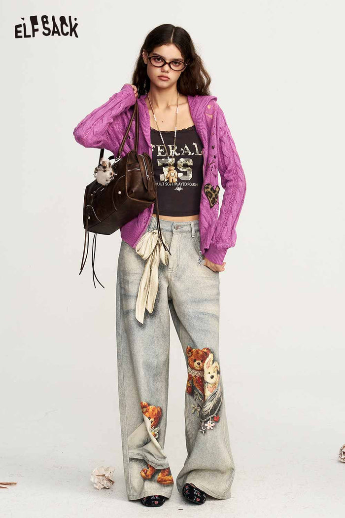 Hooded Zip-Up Heart Print Knit Cardigan