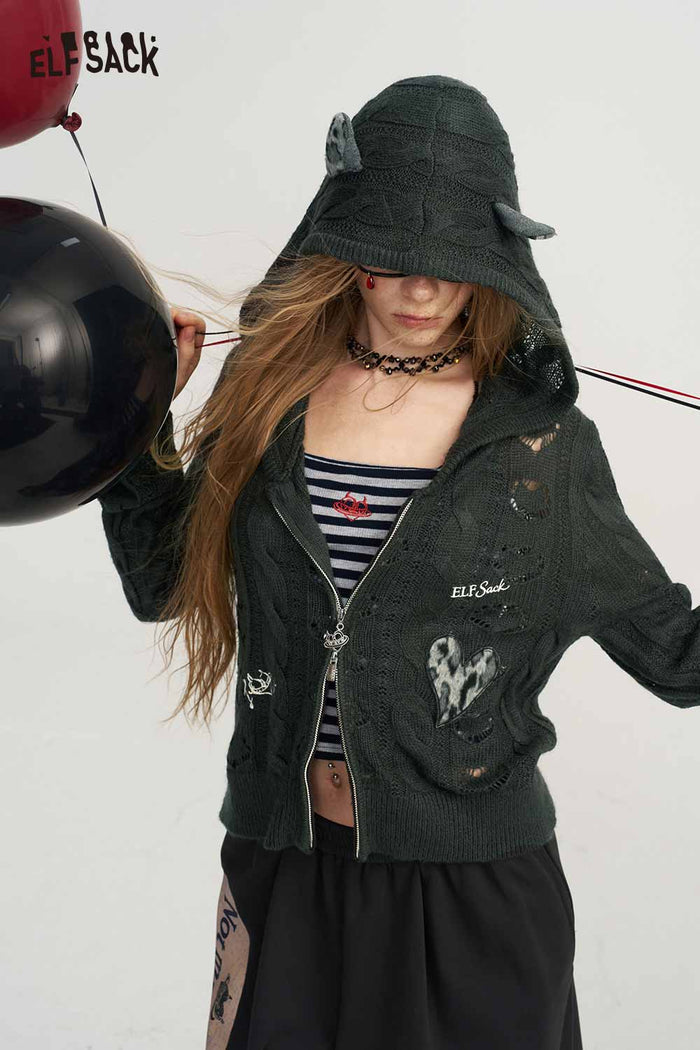 Hooded Zip-Up Heart Print Knit Cardigan